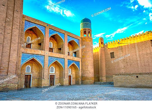 Minarets and madrassa in Khiva old town, Uzbekistan