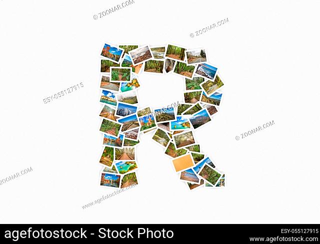Letter R uppercase font shape alphabet collage made of my best landscape photographs. Version 1