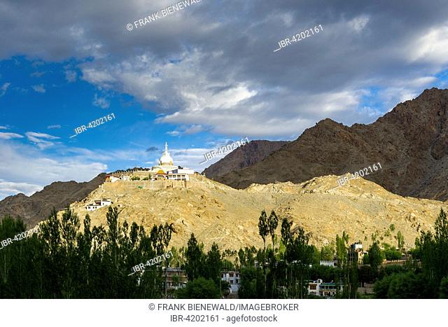 Japanese Stupa, erected in 1991, on a mountain ridge high above the village Changspa, Leh, Jammu and Kashmir, India