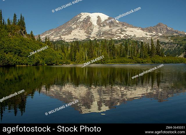 Mount Rainier reflecting in the Bench Lake in Mt. Rainier National Park in Washington State, USA