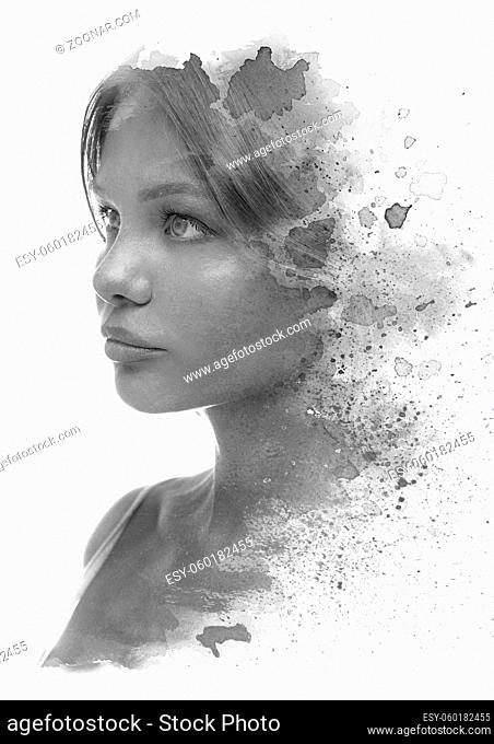 Paintography. Black and white dramatic portrait of a young attractive woman