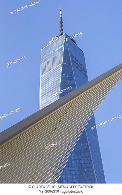 The ribbed wings of the Oculus World Trade Center Transportation Hub contrast with One World Trade Center (Freedom Tower) in New York City