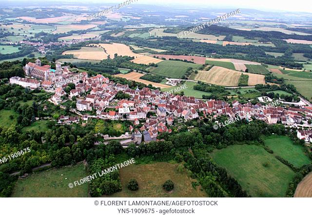 Tonw of France, Burgundy, Yonne, Vezelay viewed from the sky of this site of UNESCO world heritage, famous for its basilica Sainte Madeleine and its pilgrimage
