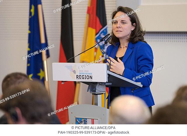 25 March 2019, Saarland, Saarbrücken: Corinne Cahen, Minister for the Greater Region in Luxembourg, speaks at the 17th Greater Region Summit
