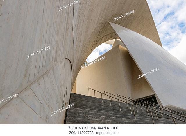 Santa Cruz, Spain - December 6, 2014: Side face and stairs of Concert hall of architect Calatrava in Santa Cruz de Tenerife on the Canary Islands
