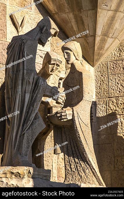 Sculptures of the exterior of the Sagrada Familia in Barcelona, Spain, Europe
