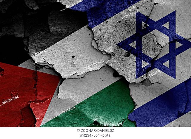 flags of Palestine and Israel painted on cracked