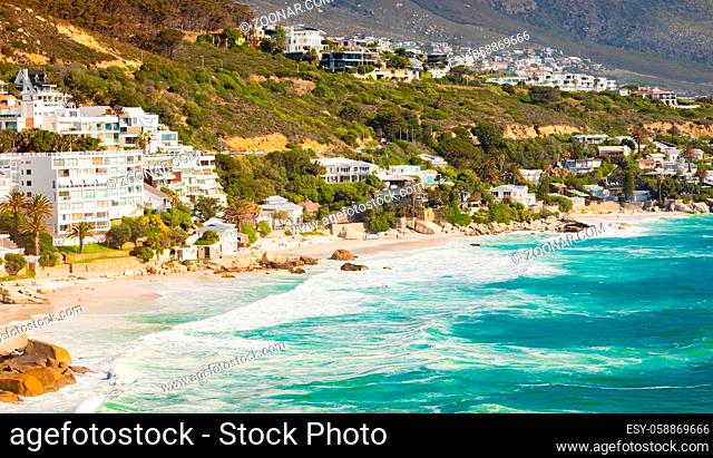 Cape Town, South Africa - October 15, 2019: view of Clifton Beach and appartments in Cape Town South Africa