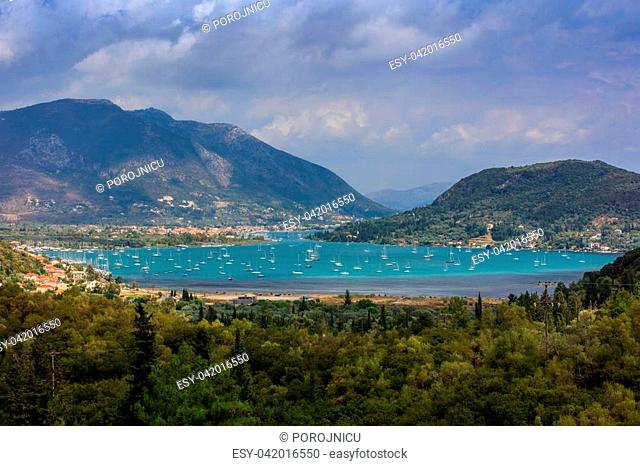 panoramic view of Vlichos bay and Nidri town Lefkada, Greece