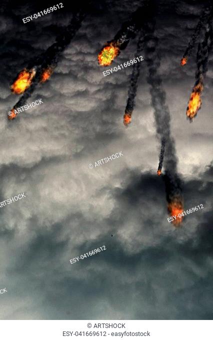 Grunge fireballs with smoke tails over cloudy background