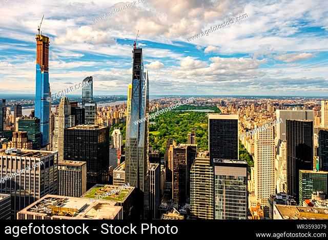 New York City - USA - May 24 2019: Up town and Central Park of New York cityscape view from rooftop Rockefeller Center