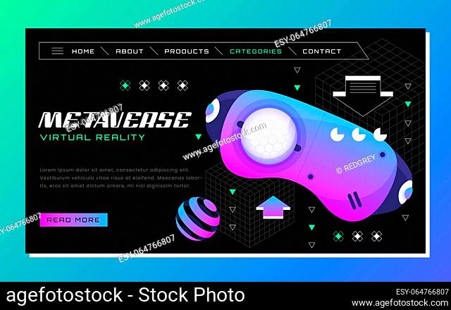 Metaverse landing page. VR glasses for gaming with simple objects floating around on purple background. Virtual reality, future digital technology vector...