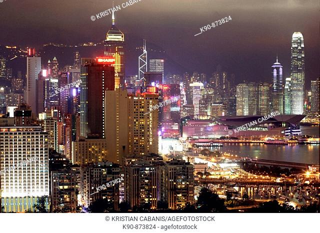 Elevated view over the nightlights of Causeway to Central of Hong Kong Island, Hong Kong, China, East Asia