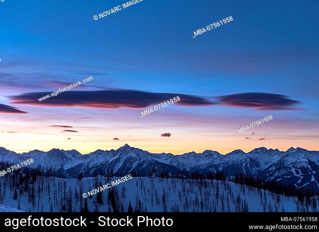Sunrise at the foot of the Dachstein massif, view of the Schladminger Tauern, Dachstein, Austria