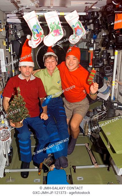 The Expedition 16 crewmembers pose for a Christmas photo in the Zvezda Service Module of the International Space Station