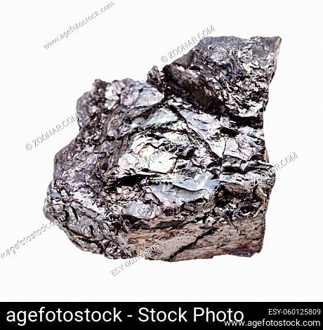closeup of sample of natural mineral from geological collection - rough Bituminous coal (black coal) rock isolated on white background