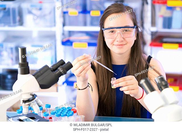 MODEL RELEASED. Girl using pipette in laboratory
