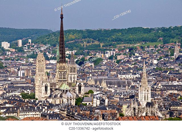Panorama of Notre Dame Cathedral and town seen from Saint Catherine Mountain, Rouen, Normandy, France