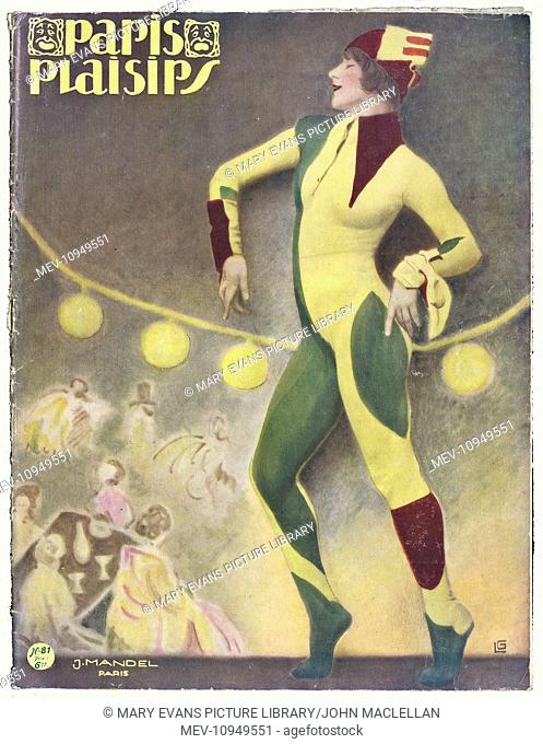 Cover design, Paris Plaisirs no. 81 for March 1929, depicting a female performer in a multi-coloured, tight-fitting costume