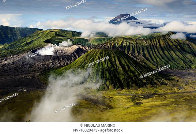 Active crater of Mount Bromo left, Mount Batok in front and behind it the Mount Semeru, Bromo Tengger Semeru National Park, Island of Java, Indonesia
