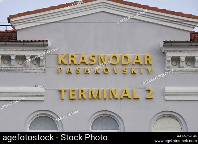 RUSSIA, KRASNODAR - DECEMBER 14, 2023: A sign marks Terminal 2 of Krasnodar International Airport (Pashkovsky) named after Empress Catherine the Great of Russia