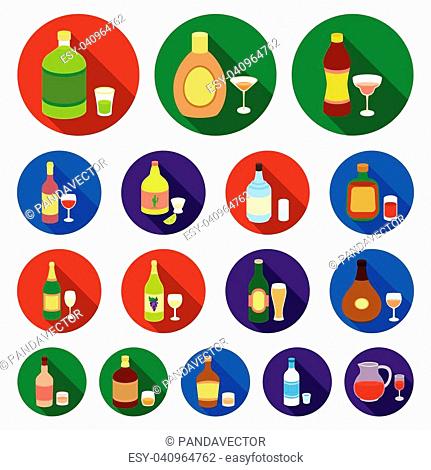 Types of alcohol flat icons in set collection for design. Alcohol in bottles vector symbol stock illustration