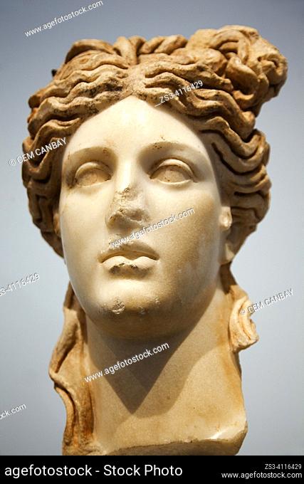 Head Of Goddess Afrodisyas or Aphrodisias in Aphrodisias Ancient City Museum inside the Aphrodisias Archaeological Site, a sanctuary dedicated to the goddess...
