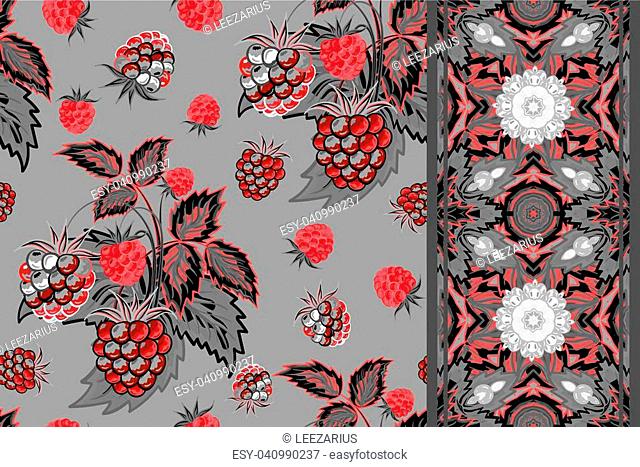 Set of seamless background with red gray raspberry, leaves on gray background and border (ribbon, tape, band, strip). Vector illustration