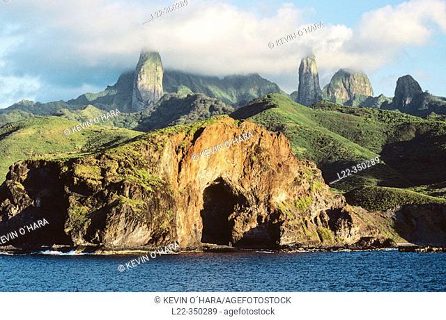 Ua Pou Island. Hakahau bay rocks. The Marquesas archipelago. French Polynesia