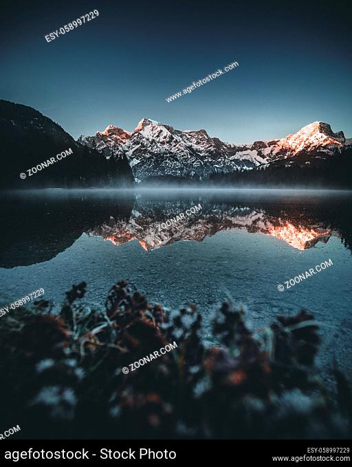 Lake Almsee with Mountain Reflection during Sunrise during Spring in Austria