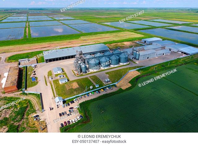 Grain terminal. Plant for the drying and storage of grain. Rice plant in the middle of fields. Top view