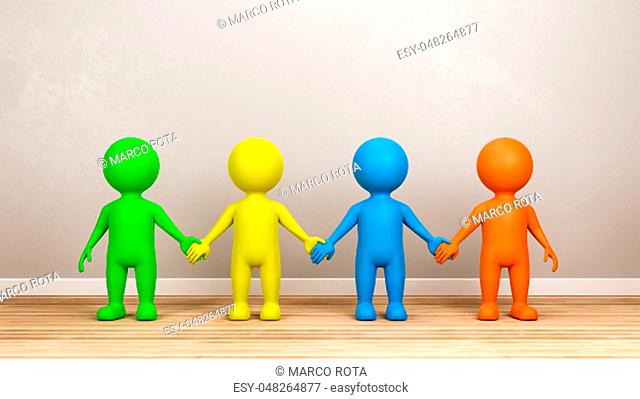 Four Multicolor Human 3D Characters Holding Hands on Wooden Floor in a Gray Wall Room 3D Render