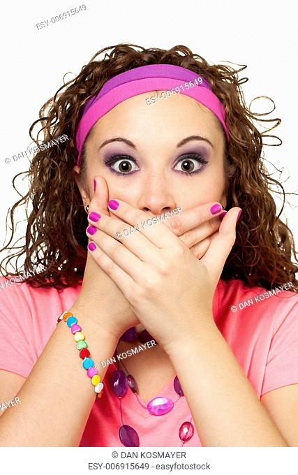 Young lady in retro fashion act surprised and put hands over her mouth. Makeup by Irene Prowell - professional freelance makeup artist