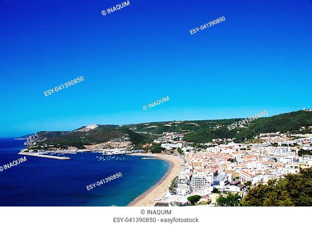 view of Sesimbra beach in Portugal