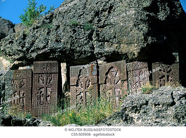 Khachkars in Geghard monastery complex. Armenia