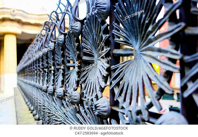 Palm-like wrought-iron fence. Park Güell, Barcelona, Spain