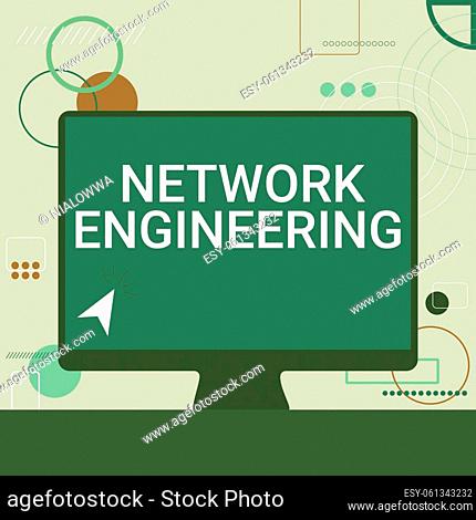 Text caption presenting Network Engineering. Business concept field concerned with internetworking service requirement Illustration Of Cursor In Blank Screen...