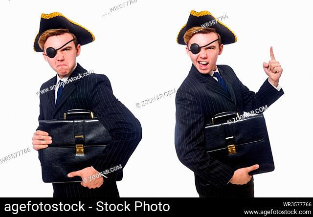 Young man in costume with pirate hat isolated on white