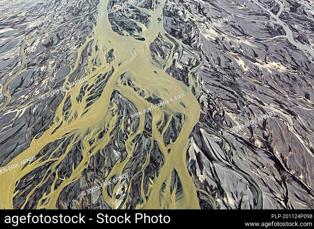 Aerial view over the Markarfljot river delta, sandur plain, formed of glacial sediments deposited by meltwater outwash in summer, Iceland