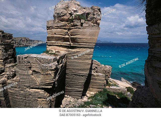 Old tuff quarry near Cala Rossa, Favignana Island, Aegadian Islands, Sicily, Italy