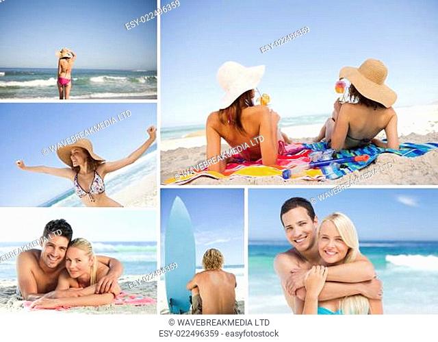 Montage with different portrait of families at beach