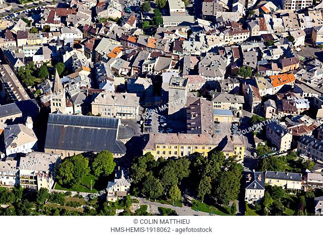 France, Hautes Alpes, Embrun, Cathedral Notre Dame du Real and medieval tower (aerial view)