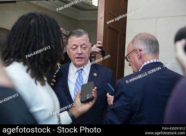 United States Representative Tom Cole (Republican of Oklahoma) talks to press in the midst of another GOP caucus in the Longworth House Office Building on...