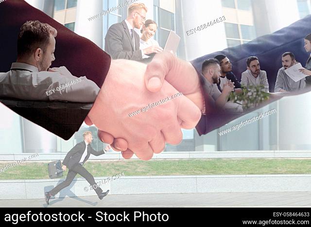 Business concept of handshake of two man across business team work and running businessman near office building. Double exposure compilation