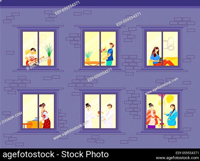 Evening neighbors routine flat color vector illustration. People lifestyle inside house windows. Hobby and leisure. Home activity 2D cartoon characters inside...