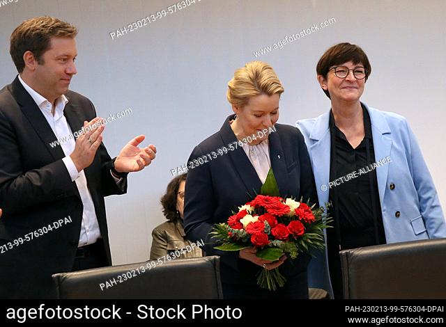 13 February 2023, Berlin: Lars Klingbeil (l-r), SPD chairman, Franziska Giffey, governing mayor of Berlin, and Saskia Esken, SPD party chairwoman