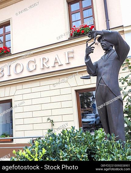 Charlie Chaplin statue (2006) of Libor Hurda - placed front of Hotel Biograf in Pisek town, Czech Republic, September 17, 2023