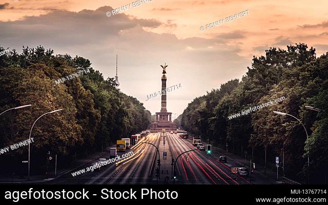 Dawn behind the Strasse des 17. Juni with the Victory Column and TV Tower in Berlin
