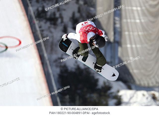 Clemens Millauer from Austria in action during the men's big air snowboarding event of the 2018 Winter Olympics in the Alpensia Ski Jumping Centre in...