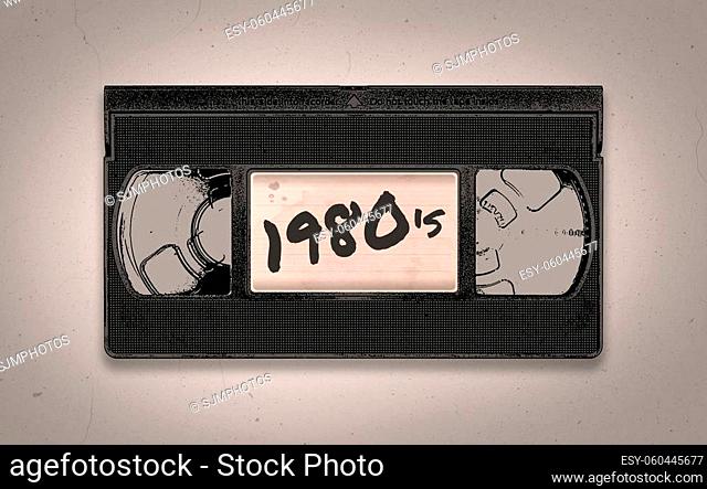 A retro 1980's themed old black VHS video tape illustration background with copy space